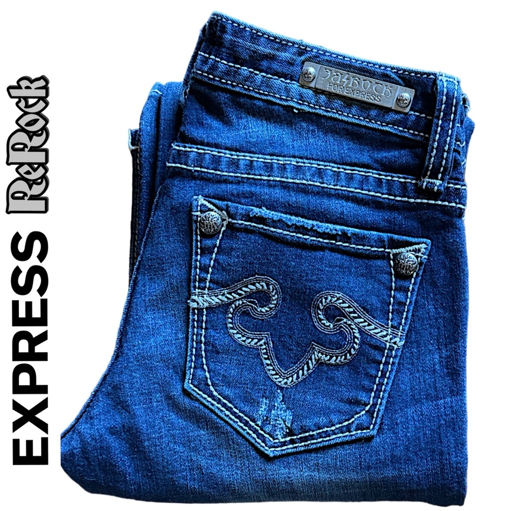NEW Express ReRock Women’s Jeans, Retro Slim Bootcut, Distressed, Sanded Size 0R - Picture 3 of 12